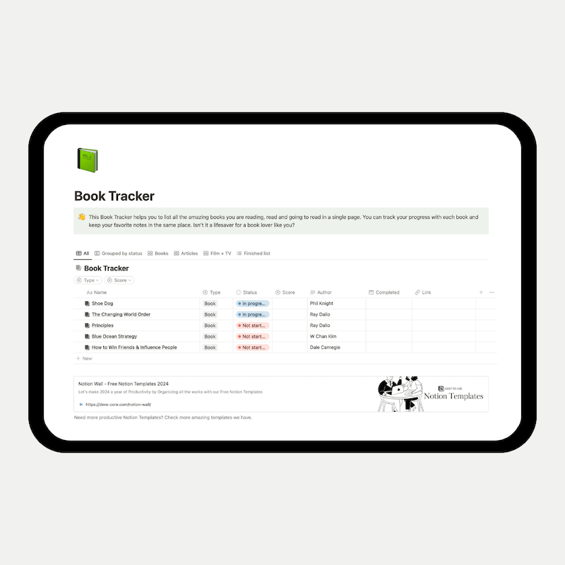 Notion Book Tracker Free - Notion Wall